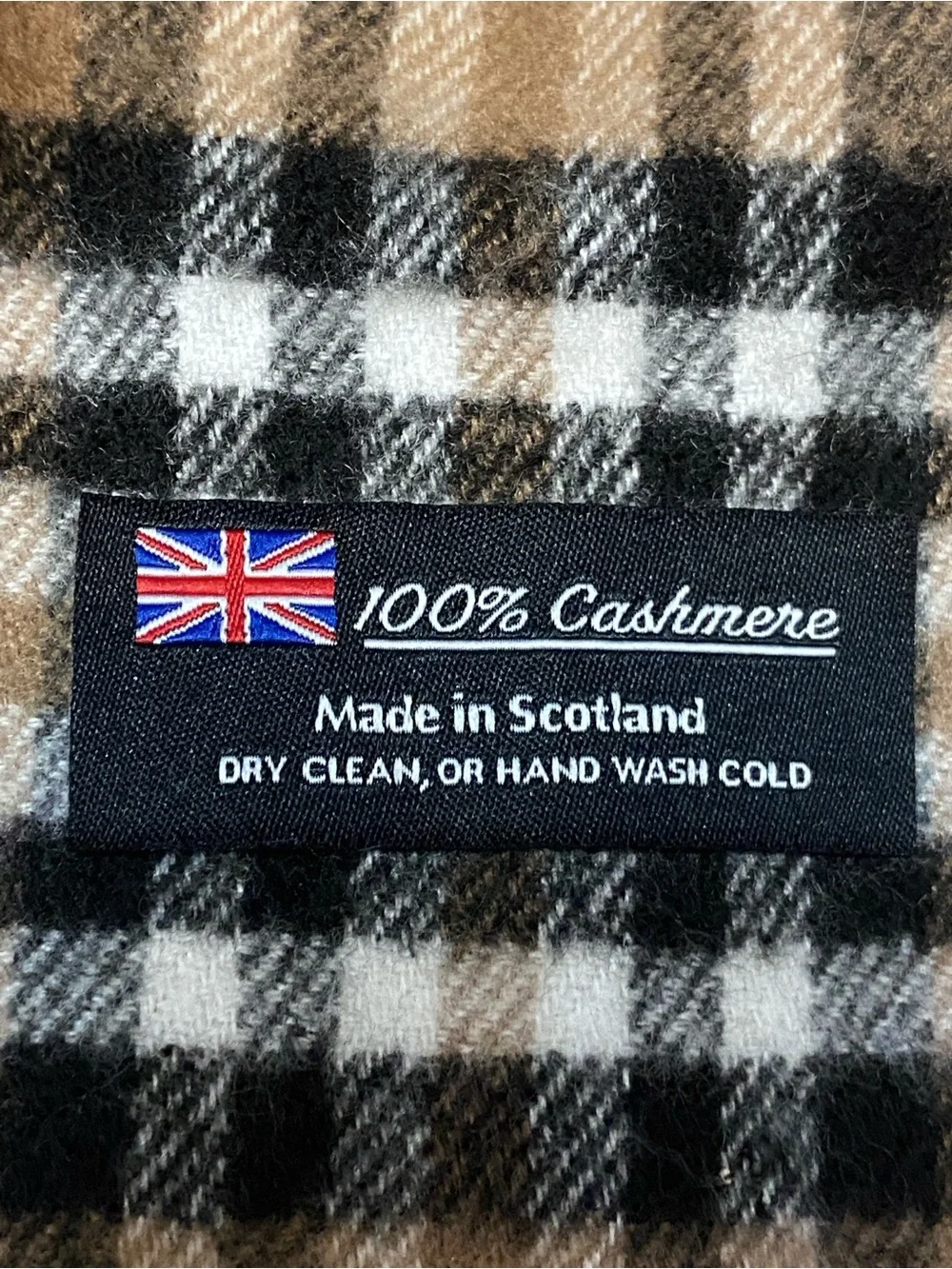 100% Cashmere Plaid Scarf Made in Scotland Tan Black Red Fringe